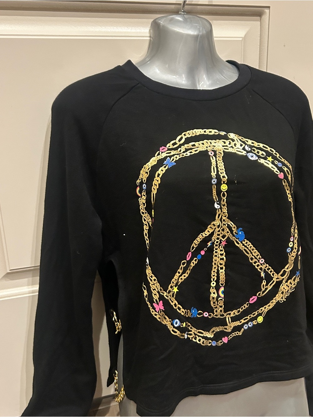 Lauren Moshi Black Sweatshirt with Gold Chain Peace Sign and Multicolor Accents